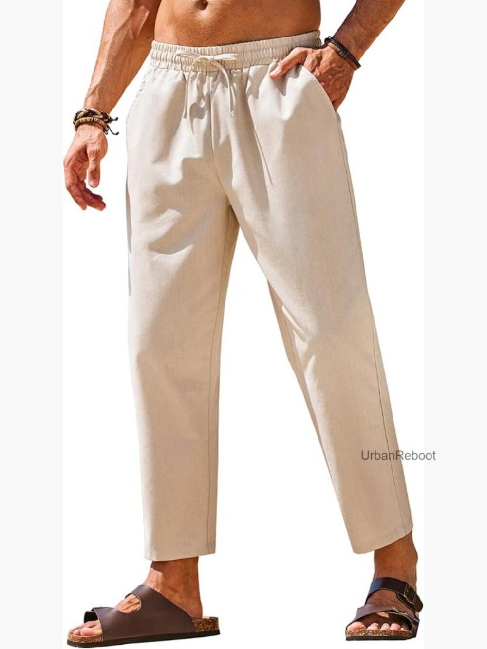 Mens Linen Elastic Waist Drawstring Casual Pants Yoga Beach Summer Trousers